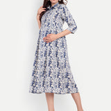 Maternity A-Line Dress | White~ Blue