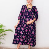 Maternity A-Line Dress | Dark Blue- Pink