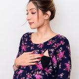 Maternity A-Line Dress | Dark Blue- Pink