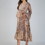 Maternity casual dress- Beige Brown, Poly silk