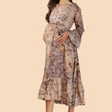 Maternity casual dress- Beige Brown, Poly silk